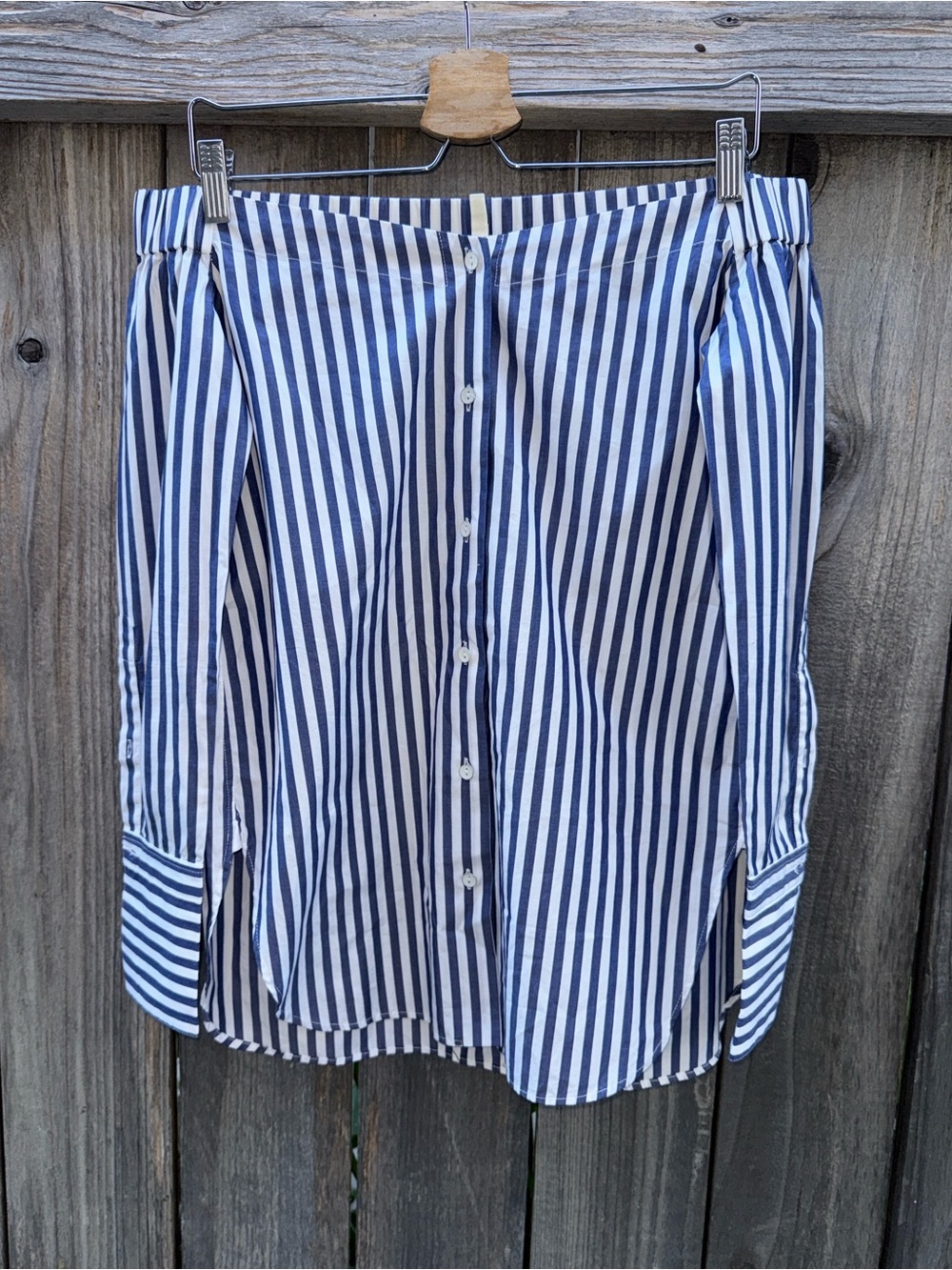 Blue and White Striped Off-Shoulder Button-Front Top